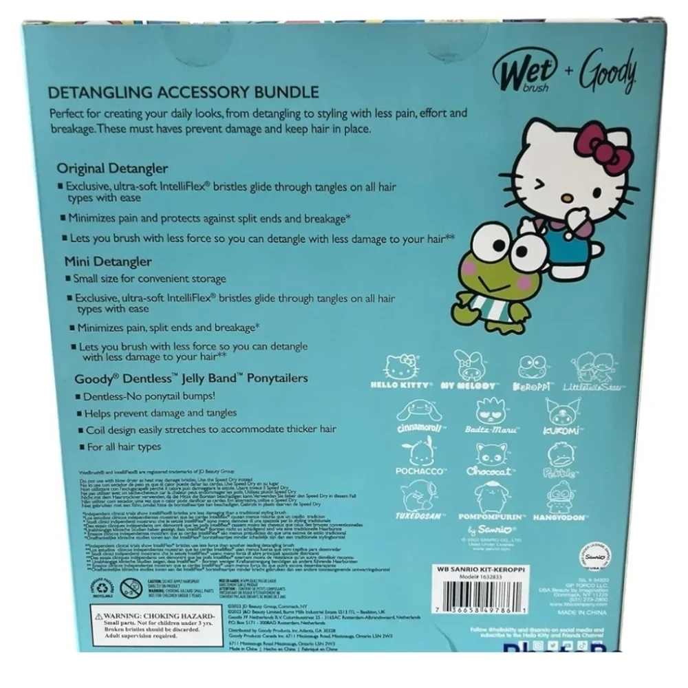 New Wet Brush Keroppi And Friends Hello Kitty Detangling Gel Accessory Bundle
